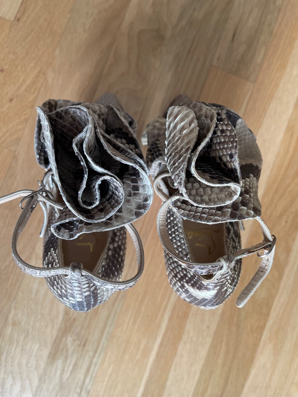 Christian Louboutin Snake-Print Ruffle Ankle Heels in Beige and Brown - Picture 9 of 14